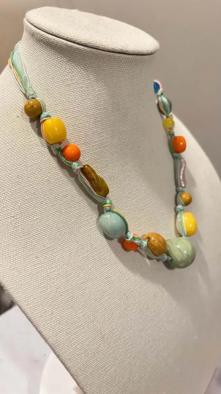 Bohemian Multi-Color Resin Glass Bead Statement Necklace Ribbon Cord